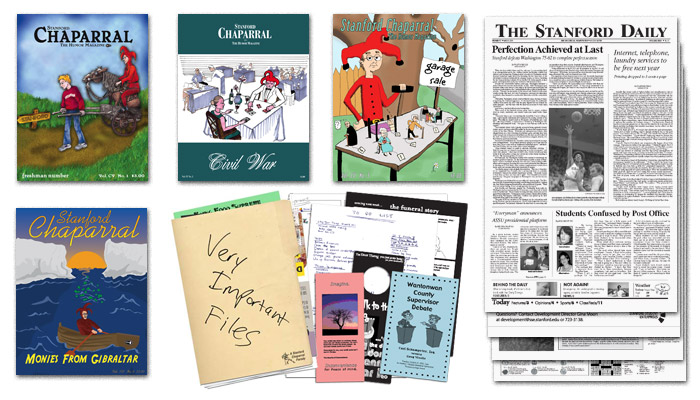 4 magazines, a newspaper, and a pile of papers