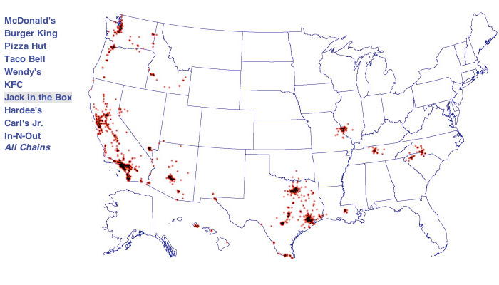 a US map with a dot for each Jack in the Box restaurant