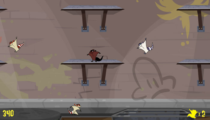 flying cartoon squirrels on platforms