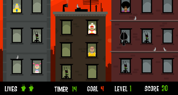 cartoon monsters and heroes popping in and out of windows